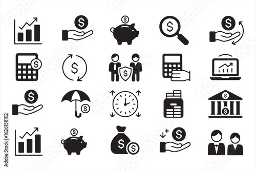 Minimal finance symbol collection including currency, growth, and insurance