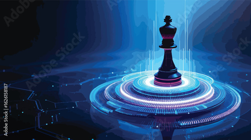 Strategic digital chess king conceptual illustration representing technology advancement and leadership.
