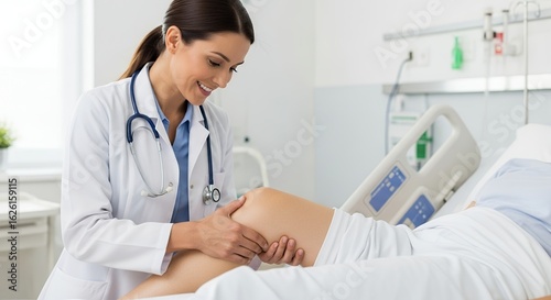 Caring Doctor Examines Patient Knee Joint in Hospital Room With White Coat and Stethoscope for Medical Assessment and Diagnosis