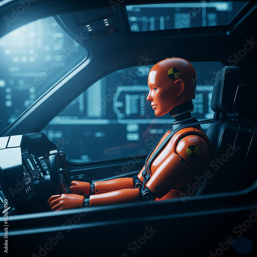 Robot driving a futuristic car at night