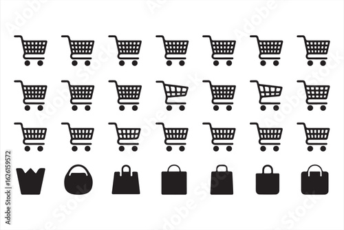 Flat vector symbols of market baskets and shopping bags in monochrome style