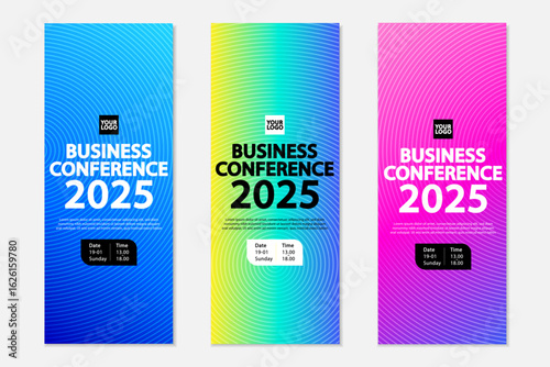 Set of three modern vertical banners for a business conference, featuring a hypnotic concentric circle pattern. Includes blue, lime green, and pink color variations.
