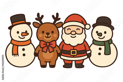 Vector illustration of Santa celebrating holidays with his family, including Reinder, Snowman, and Mrs Claus, isolated on a transparent background