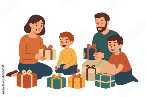 A smiling man, woman, and child exchange festive gifts with each other, isolated, in a vector flat illustration of family members or relatives celebrating Christmas or the holiday season together