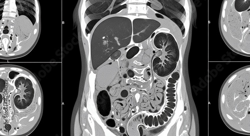 Detailed Medical CT Scan Showing Internal Organs Including Liver Kidneys and Intestines with High Contrast on Black Background for Medical Analysis