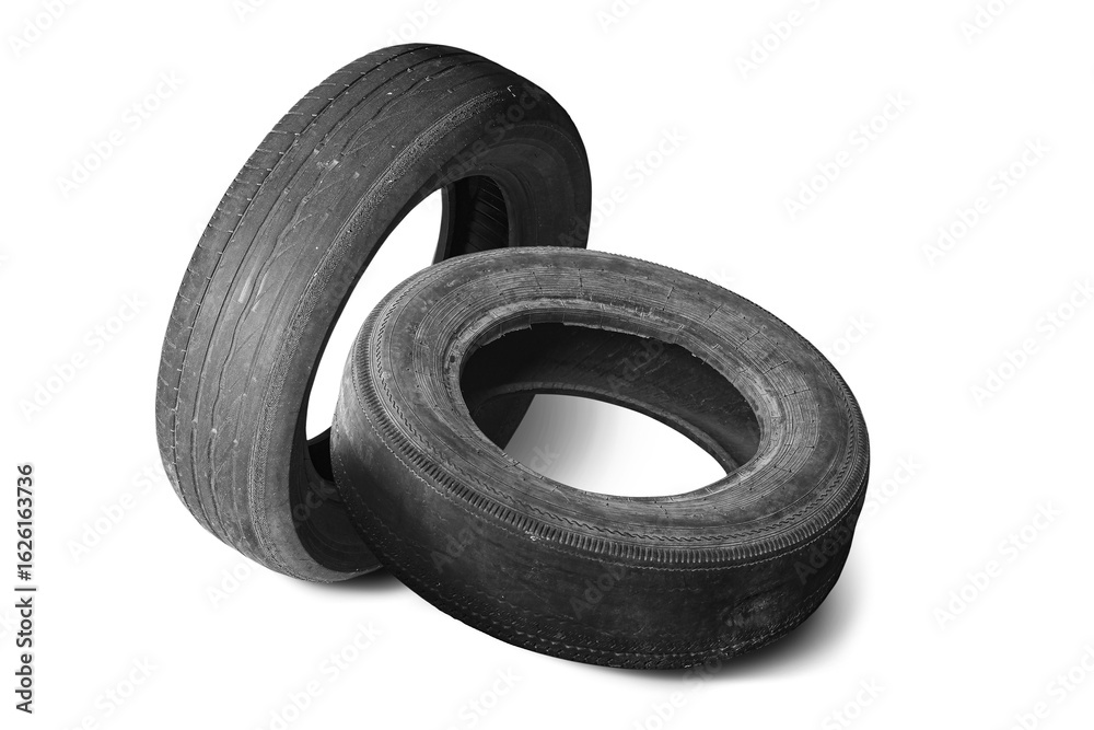 old worn damaged tires isolated on white background old worn damaged tires isolated on white background