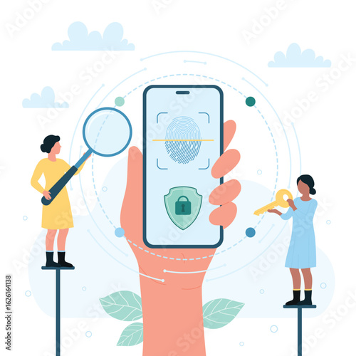 Biometric authorization in mobile app of phone vector illustration. Cartoon tiny people looking through magnifying glass at unique human fingerprint on screen, hand holding smartphone with scanner
