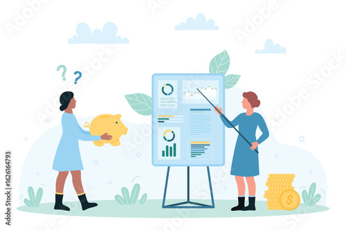 Business training, education vector illustration. Cartoon coach character pointing on presentation board with financial data charts, girl holding piggy bank and learning to invest money on lecture