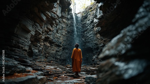 Exploring a hidden oasis in a dried-up waterfall canyon during early morning light and vibrant autumn colors