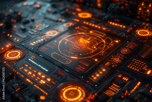 Glowing futuristic dashboard interface with digital HUD and circuit design – perfect for tech presentations, UI concepts, or cybersecurity themes.