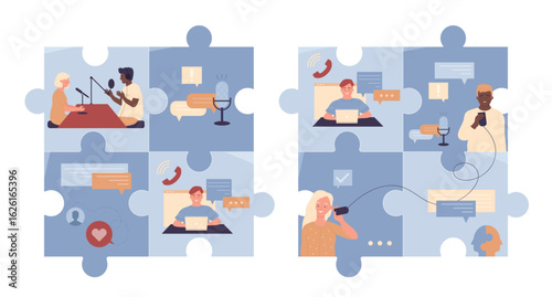 Online conversation set vector illustration. Cartoon tiny people talk on studio broadcast interview, send digital messages via laptop and phone, speech bubble dialogue in puzzle collage background