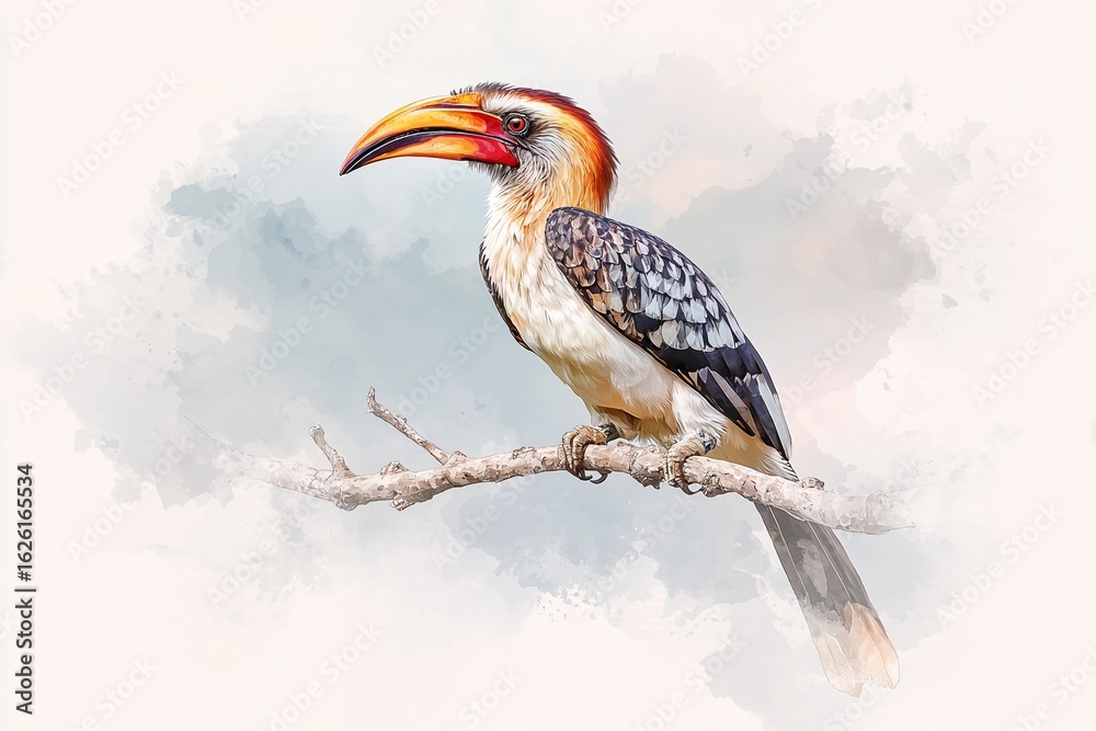 Obraz premium Watercolor illustration of exotic hornbill bird with vibrant beak sitting on tree branch, hand-painted in naturalistic style with detailed feathers and soft textures