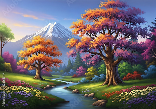 Relaxing picture, Water color drawing and painting landscape forest fresh life in the autumn. color, colour, art deco, artist, blue, poster color,  environmental, orange, abound .