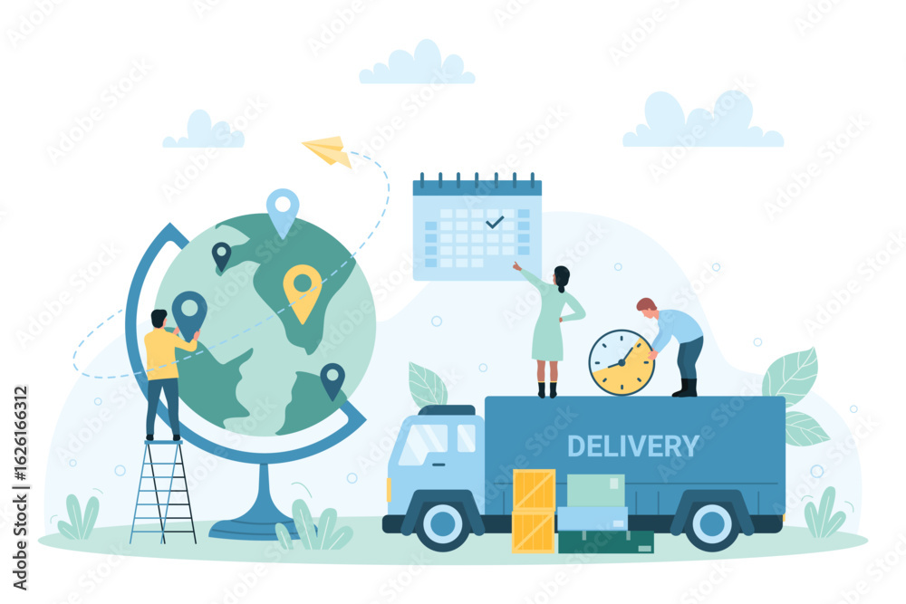 Naklejka premium Global logistic distribution service, worldwide import, export vector illustration. Cartoon tiny people put location pin on globe, hold clock, plan delivery of goods by truck using planner calendar