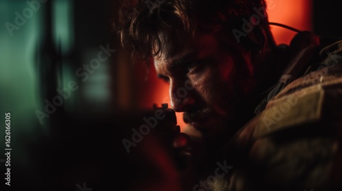 Man with a beard focused on aiming during a tense moment in a dramatic urban setting at night