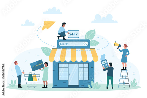 Online shop sales, ecommerce vector illustration. Cartoon tiny people order and buy with credit card, pay for purchases in mobile store app, customers search products in modern digital marketplace