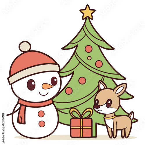Cartoon snowman stands beside a gift, Christmas tree and small reindeer friend