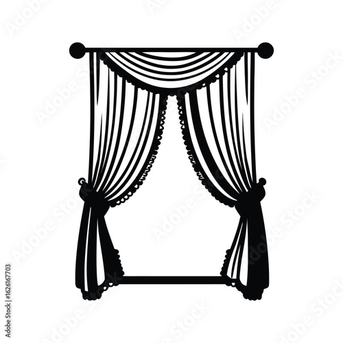 Black silhouette reveals draped theatrical swag curtain set on a white background