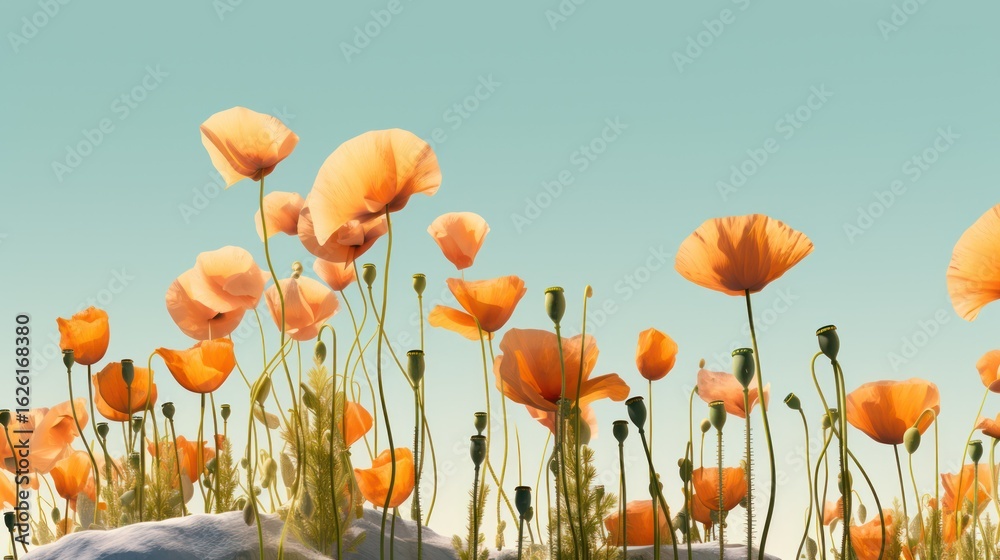 Obraz premium field of vibrant orange poppies, dreamy pastel blue sky, enchanting natural landscape, lush flowering meadow, cinematic mood lighting, detailed botanical elements, serene and tranquil atmosphere, whim