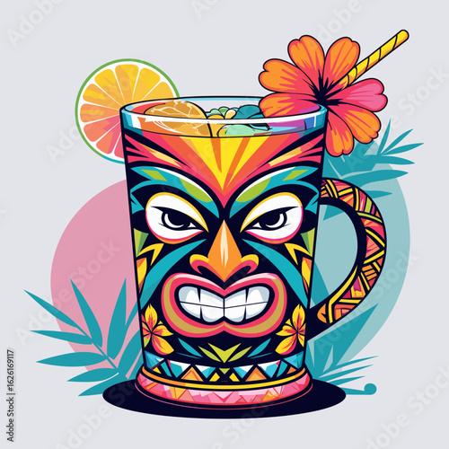 Colorful tiki cocktail mug with tropical decorations and fruit  