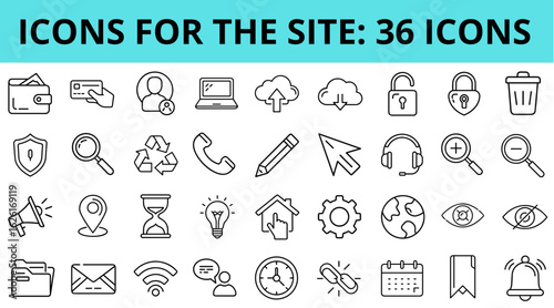 Set of 36 icons representing various website functionalities  