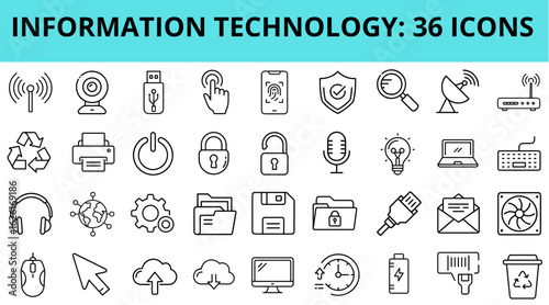 Information technology icons set in minimalist line art style  