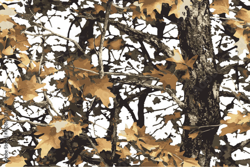 An image of camouflage pattern with tree branches and leaves for the background.Real Tree Camouflage pattern for military and outdoor activities