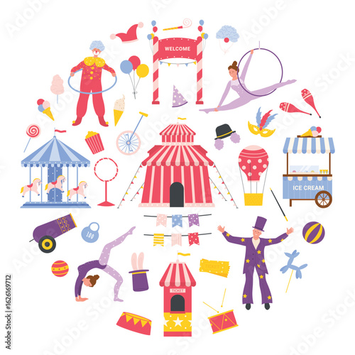 Round illustration of circus attractions, including performers, clowns, acrobats, tents, and props like balloons, drums, and cotton candy. Perfect vector illustration entertainment carnival themes