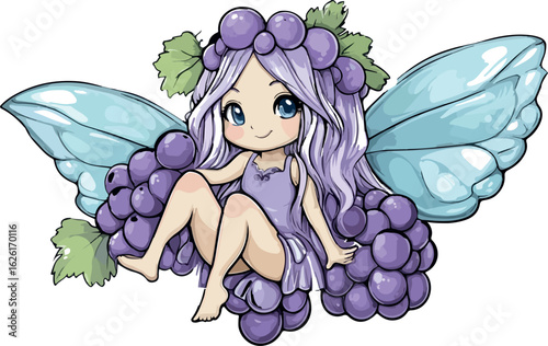 Adorable chibi fairy with grape wings and grapes adorning her hair and body