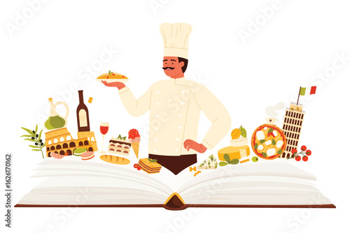 Italian chef surrounded by famous dishes, ingredients, and landmarks. Celebrating Italy culinary heritage and cultural icons, vector illustration.
