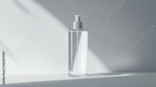 Clear dispenser bottle on a light surface