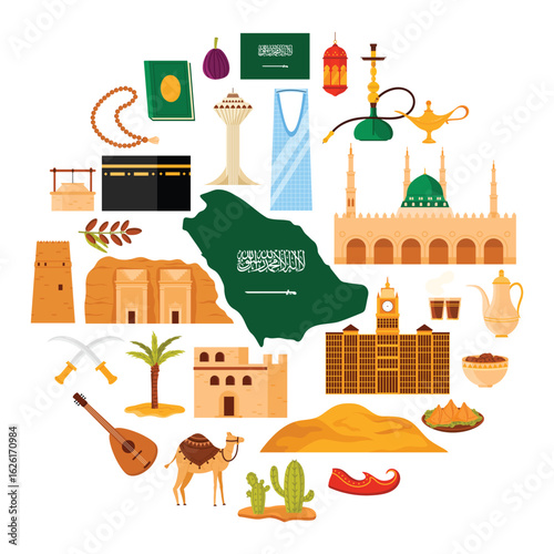 Traditional old building and oud guitar, hookah in circle cartoon vector illustration. Saudi Arabia culture elements and food, modern and heritage landmark in round infographic banner.