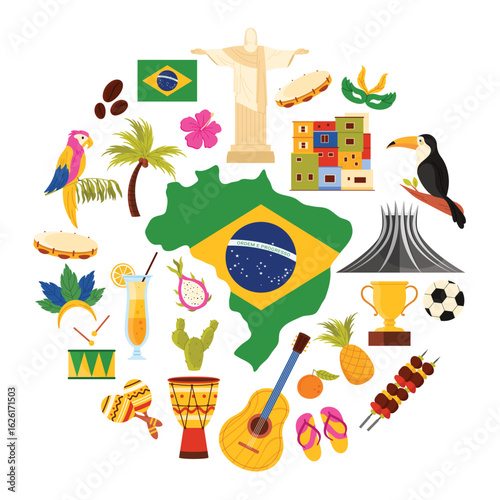 BBQ and tropical palm tree, parrot and cactus cartoon vector illustration. Brazilian culture elements and landmarks, flag and map of Brazil, musical instrument and carnival in round infographic banner