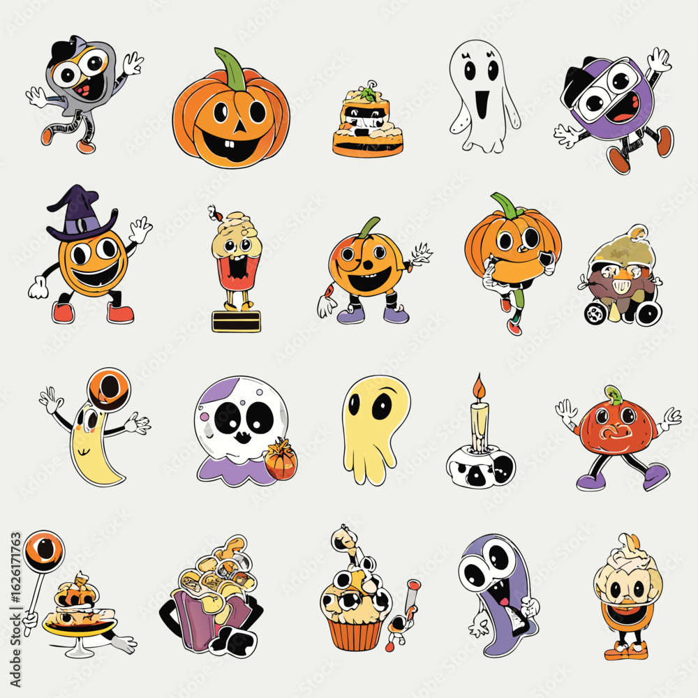 Obraz premium Cute Retro Halloween Cartoon Characters in Sticker Style