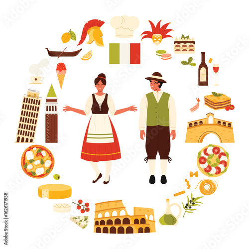 Italy culture elements and heritage landmark, chefs food and wine in round infographic poster. Italian people in traditional costumes, building monuments and flag in circle cartoon vector illustration