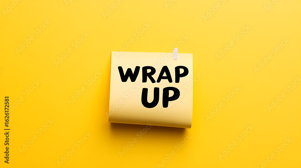 Naklejka premium Yellow note with 'Wrap Up' message. Post-it with reminder. Simple, bright background. End of task, project closure. Clear messaging.