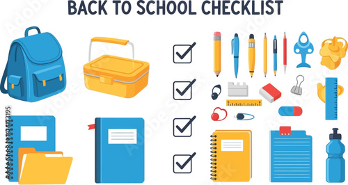 Back to school checklist with backpack lunchbox and stationery items flat vector illustration