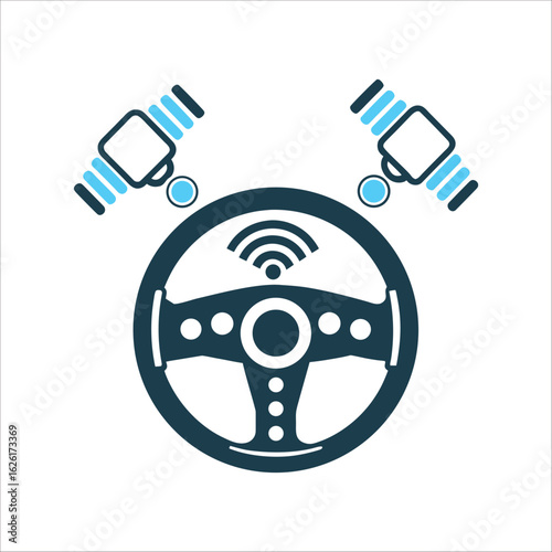 Autonomous Vehicle Steering System Icon Concept Autonomous Systems Steering wheel with orbiting sensors
