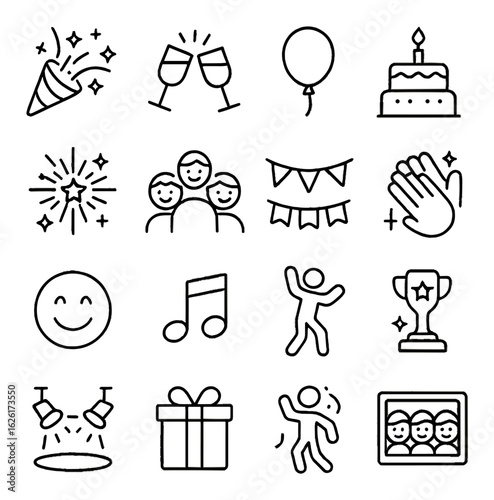 Celebration linear icon set. including party, balloon, cake, confetti, music, trophy, dance, gift, applause