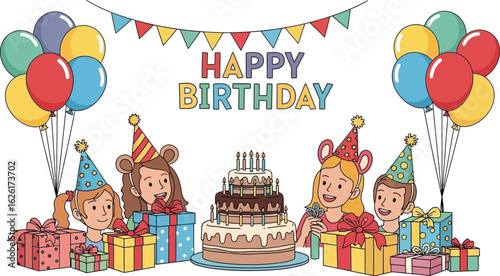 A birthday celebration with balloons, cake, presents, and children wearing party hats and animal ears
