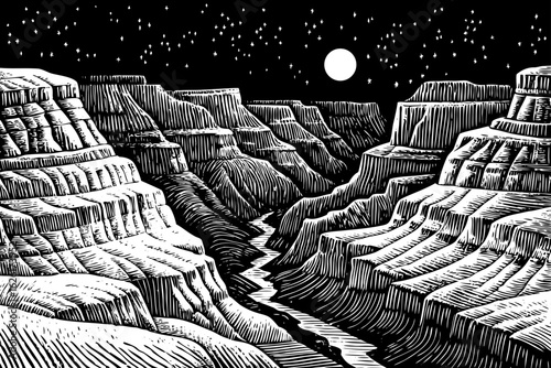 Moonlit Grand Canyon landscape with desert shadows, cliffs, and stars, black and white line art illustration