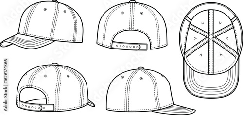 Baseball cap flat sketch vector illustration, detailed hat mockup views, outline sportswear design, front, side, back, top view
