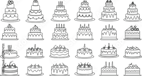 Birthday cake vector icons, outline dessert collection, layered sweet treat illustrations, celebration pastry drawings, party cakes with candles and fruits