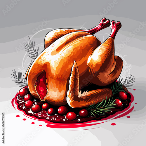 Roast turkey on platter with cranberry sauce and garnishes  