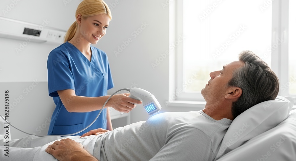 Obraz premium Nurse Applying Contactless Medical Device on Patient in Hospital Bed Under Bright Window Light For Examination and Treatment with Care and Professionalism