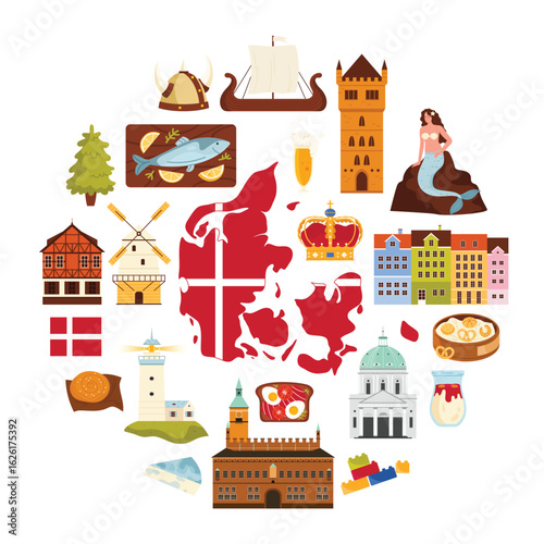 Danish map with flag pattern and famous culture symbols of Denmark, kings crown and heritage architecture, food in circle cartoon vector illustration. Travel to Denmark round banner or poster design