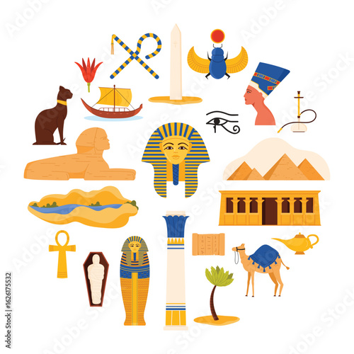 Eye of Horus and Bastet cat, Nile River landscape and Pyramids of Giza cartoon vector illustration. Travel to Egypt set, ancient Egyptian culture elements and landmarks in round infographic banner