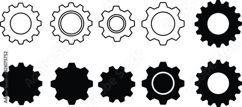 Gear icon collection, mechanical cogwheels, settings symbols, system configuration, flat and solid vector design for user interface and apps