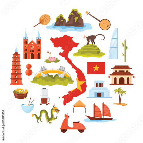 Map and flag of country, Ho Chi Minh Mausoleum, Pho Noodle soup, Saigon Cathedral cartoon vector illustration. Travel to Vietnam set, culture elements and landmarks, food in round infographic banner