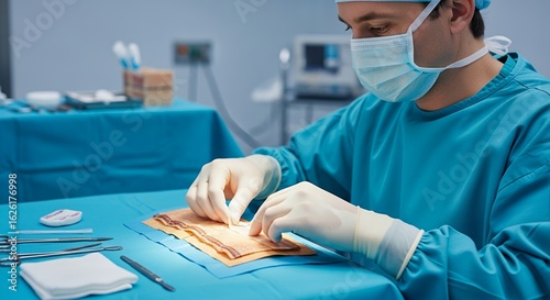 Surgeon in Blue Gown Performs Detailed Medical Procedure on Tissue Sample in a Brightly Lit Operating Room with Sterile Surgical Tools and Equipment